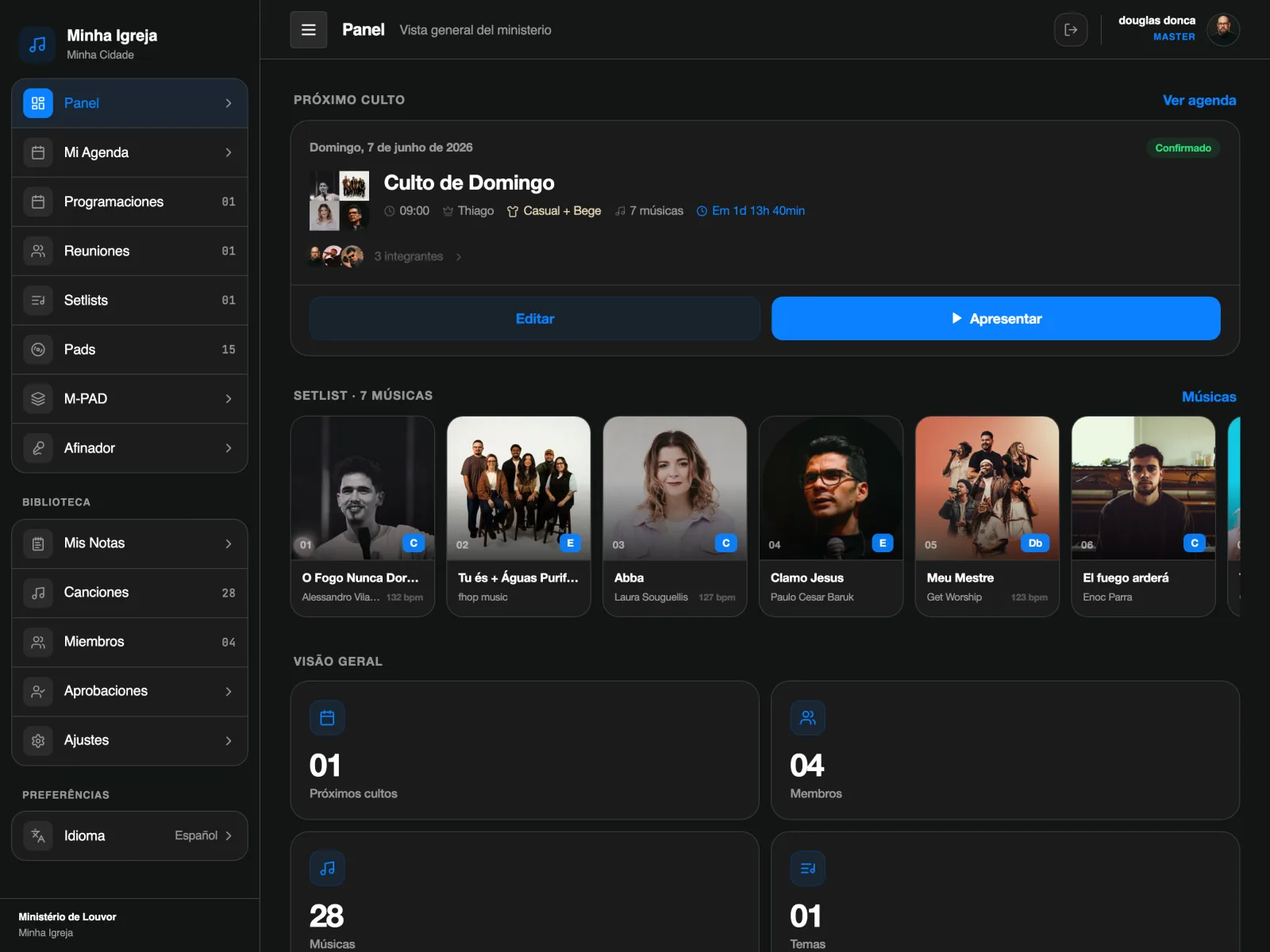 Painel do líder no iPad mostrando o próximo culto e a setlist do ministério de louvor